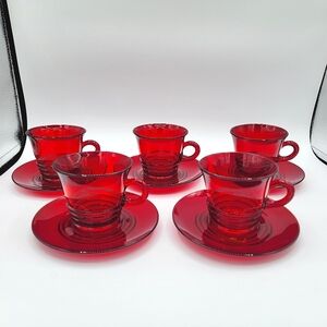 Vintage Red Glass Teacups & Saucers #1995